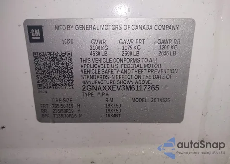 2021 Chevrolet Equinox Awd Premier из США, поврежденный, VIN 2GNAXXEV3M6117265